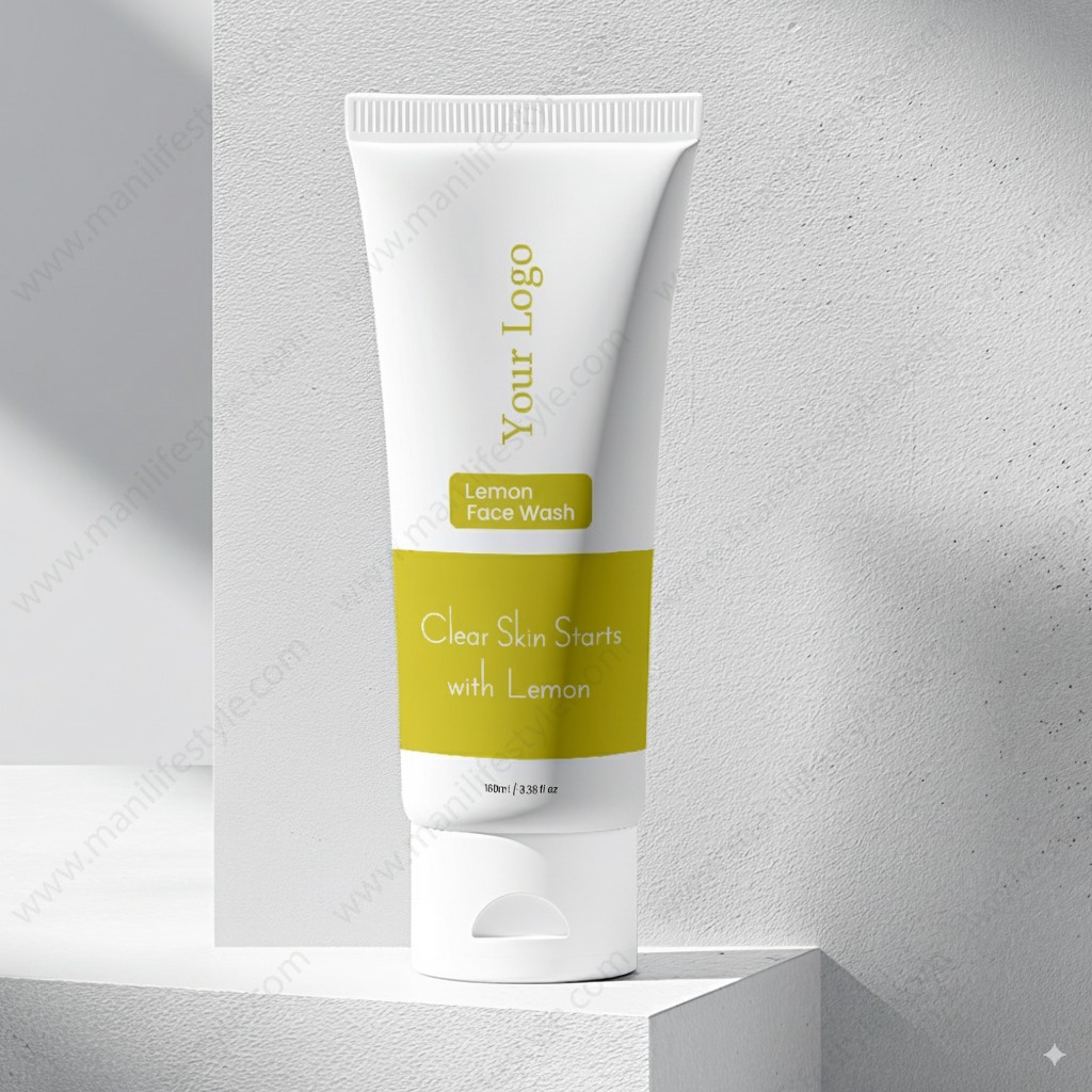 Lemon face wash product tube with fresh lemons